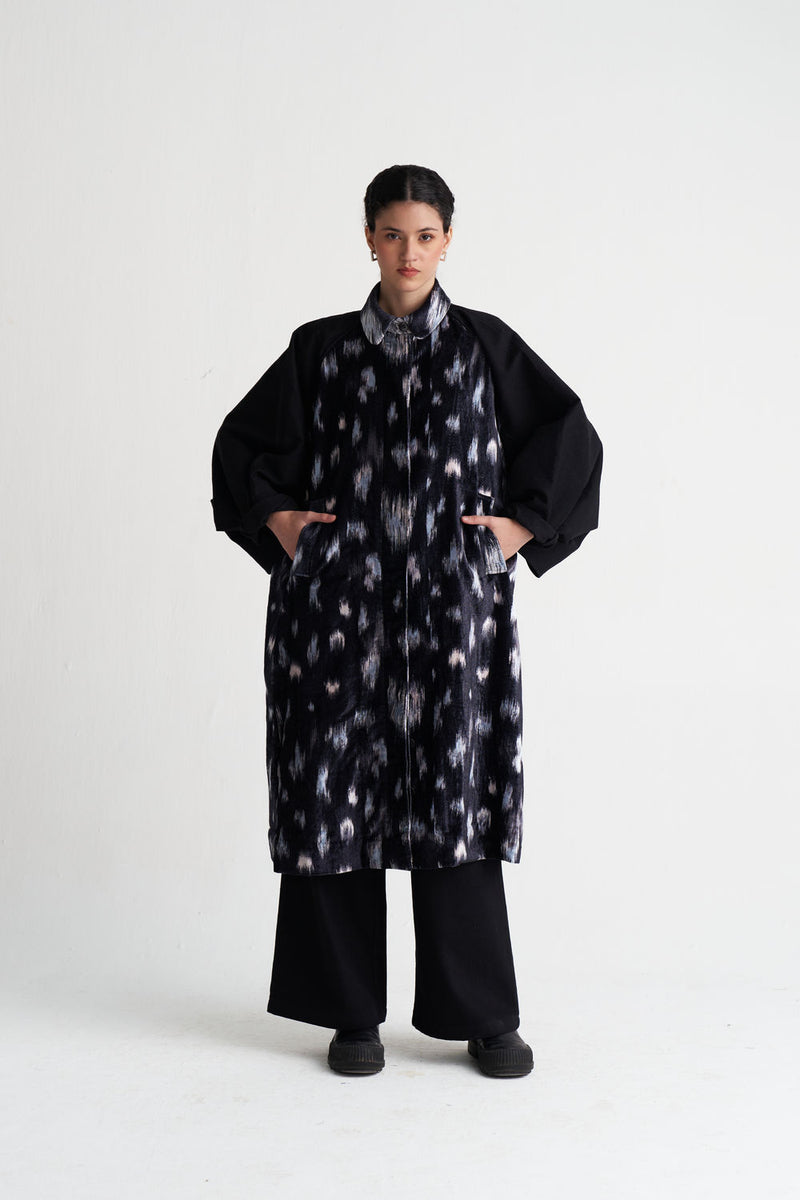 Ikat Print Bat Sleeve Jacket-Black Ikat Print velvet jacket/overlay by THREE in black for women Worldwide