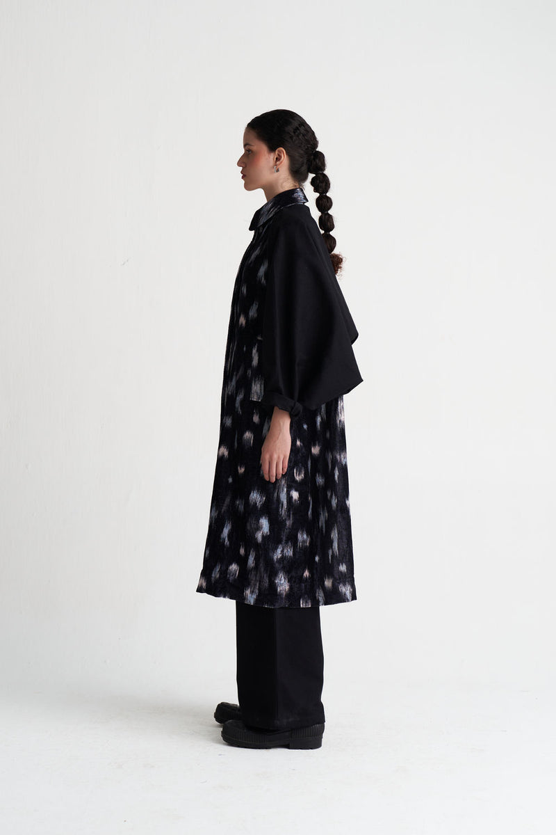 Ikat Print Bat Sleeve Jacket-Black Ikat Print velvet jacket/overlay by THREE in black for women Worldwide
