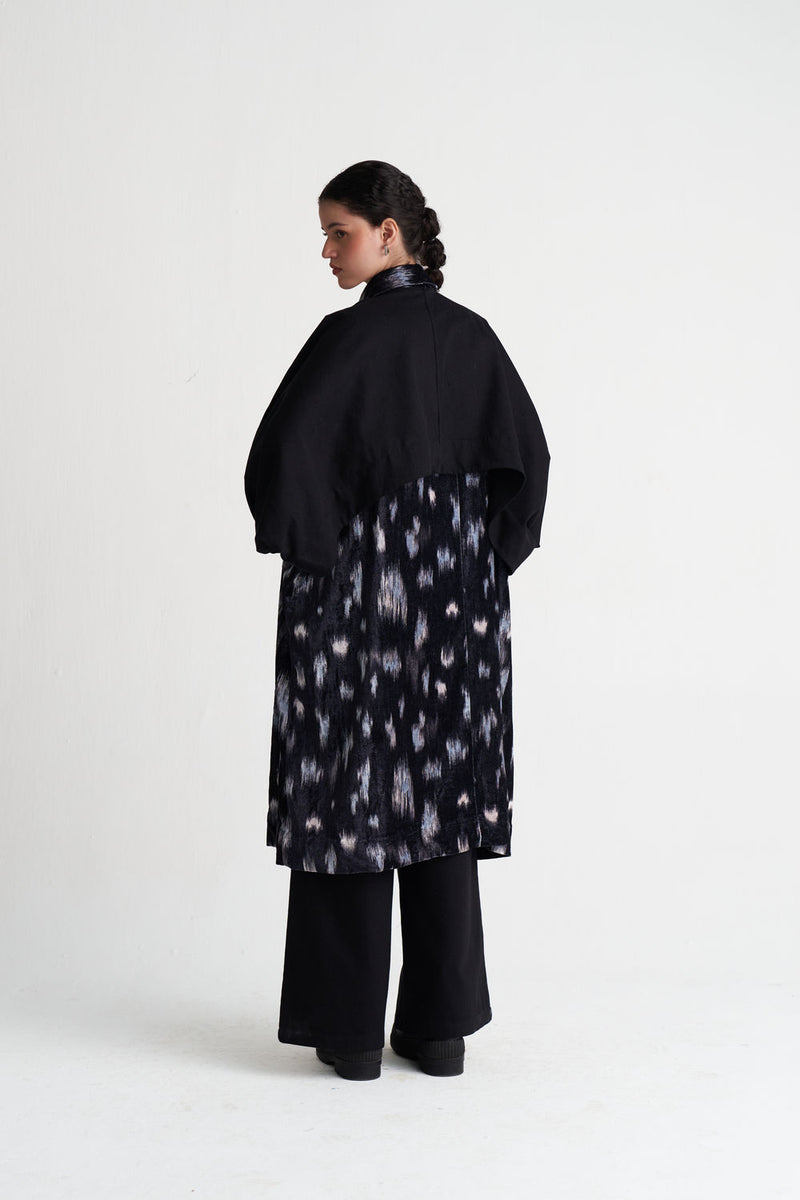 Ikat Print Bat Sleeve Jacket-Black Ikat Print velvet jacket/overlay by THREE in black for women Worldwide