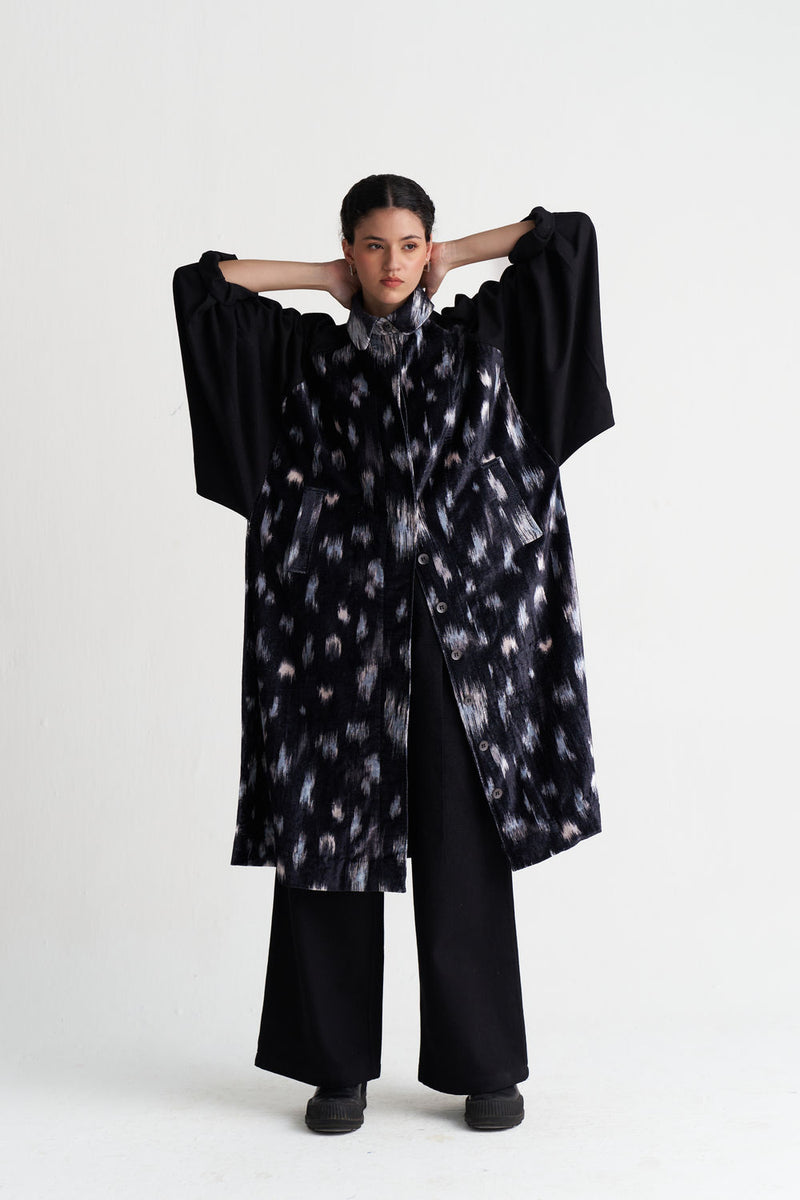 Ikat Print Bat Sleeve Jacket-Black Ikat Print velvet jacket/overlay by THREE in black for women Worldwide