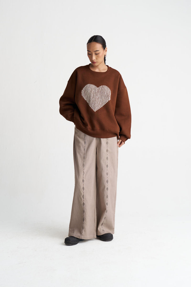 Heart Emb. Jumper Co-Ord (Set Of 2)-Chocolate Brown cotton fleece co-ord set by THREE in brown, grey for women Worldwide