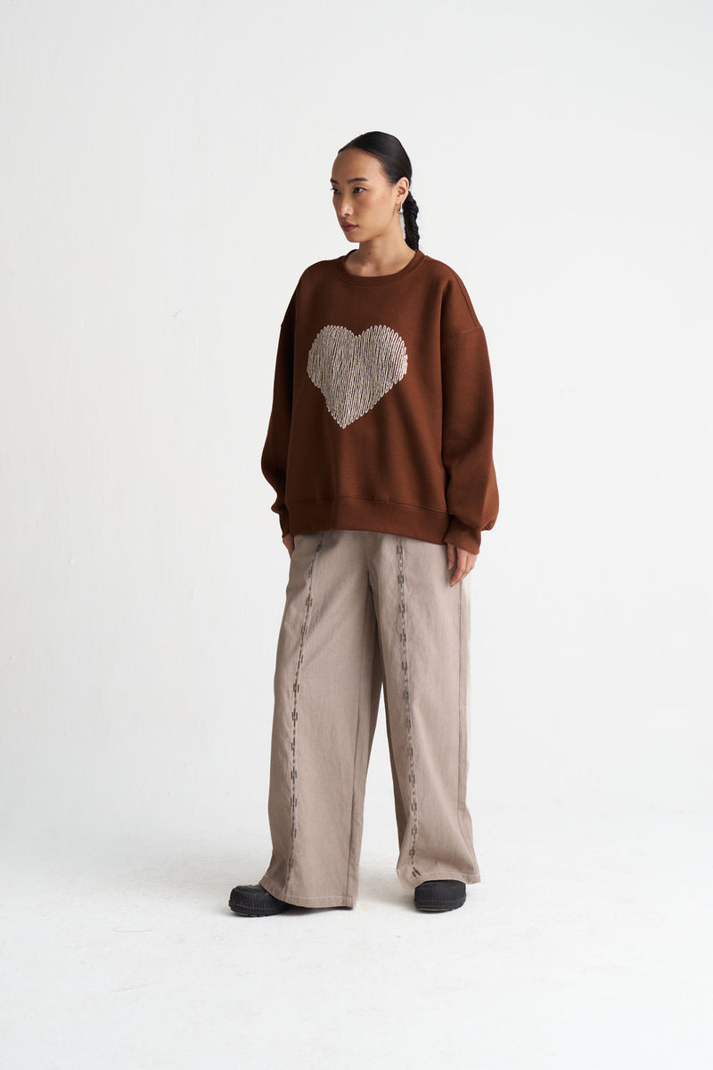 Heart Emb. Jumper-Chocolate Brown cotton fleece top/shirt by THREE in brown for women Worldwide