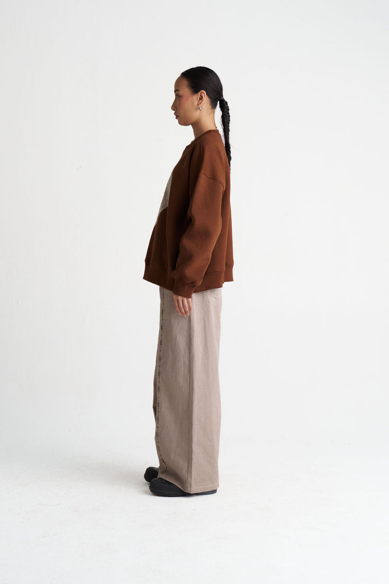Heart Emb. Jumper Co-Ord (Set Of 2)-Chocolate Brown cotton fleece co-ord set by THREE in brown, grey for women Worldwide