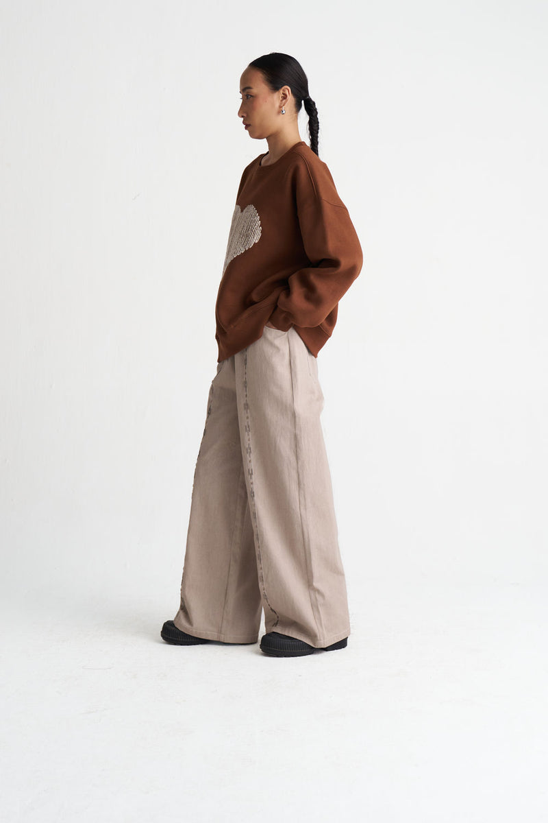 Hand Emb. Twill Pant-Ash Grey twill pant/trouser by THREE in grey for women Worldwide