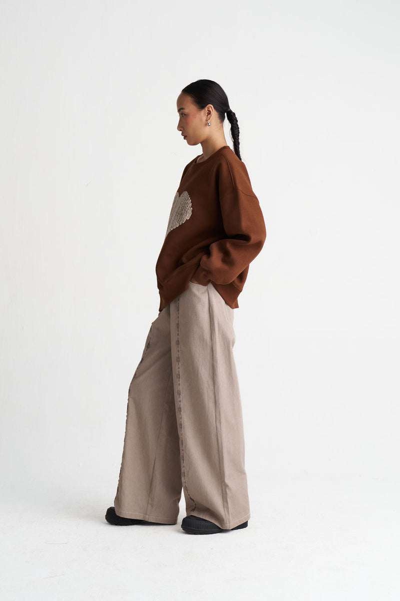 Hand Emb. Twill Pant-Ash Grey twill pant/trouser by THREE in grey for women Worldwide