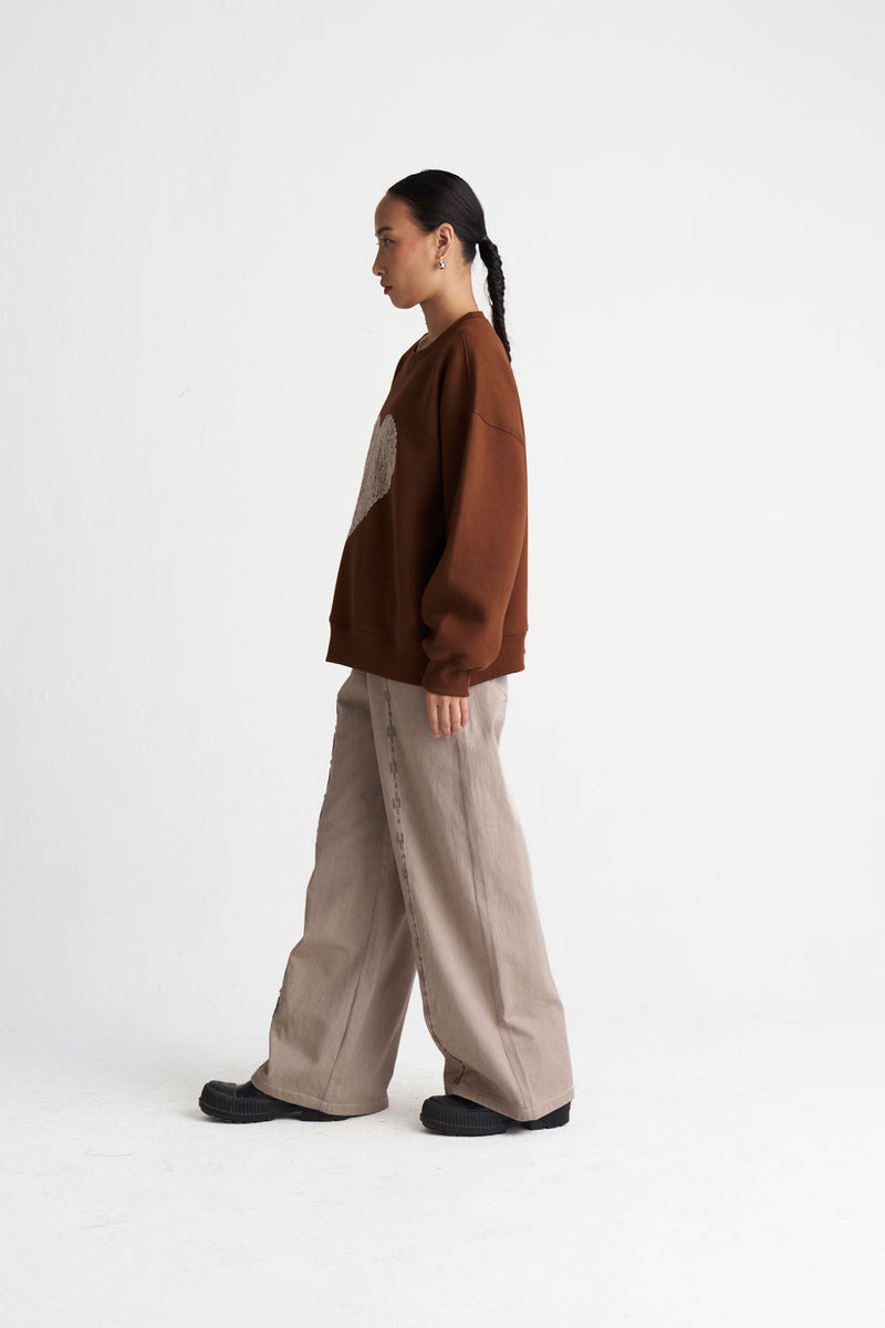 Hand Emb. Twill Pant-Ash Grey twill pant/trouser by THREE in grey for women Worldwide