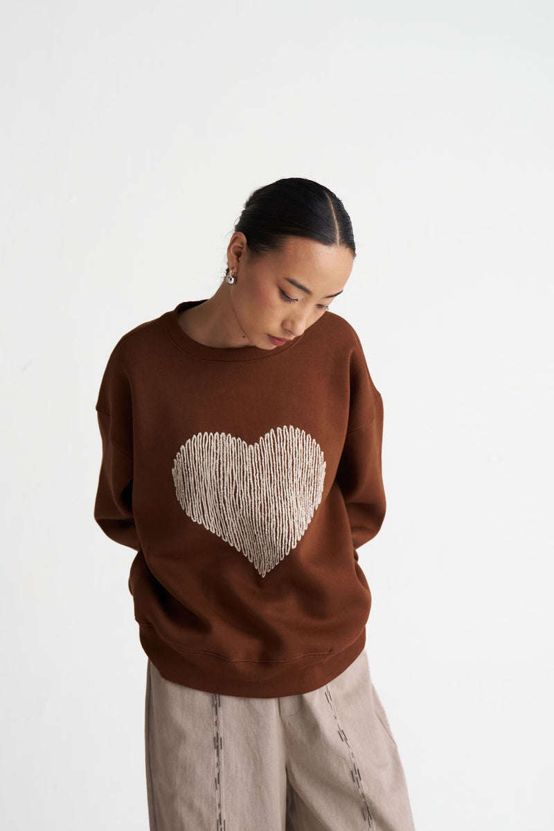 Heart Emb. Jumper-Chocolate Brown cotton fleece top/shirt by THREE in brown for women Worldwide
