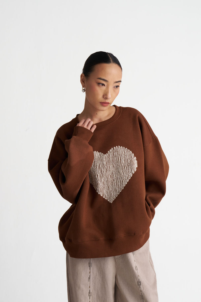 Heart Emb. Jumper-Chocolate Brown cotton fleece top/shirt by THREE in brown for women Worldwide