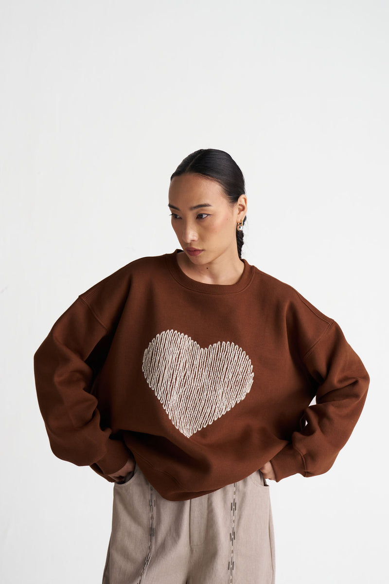 Heart Emb. Jumper Co-Ord (Set Of 2)-Chocolate Brown cotton fleece co-ord set by THREE in brown, grey for women Worldwide
