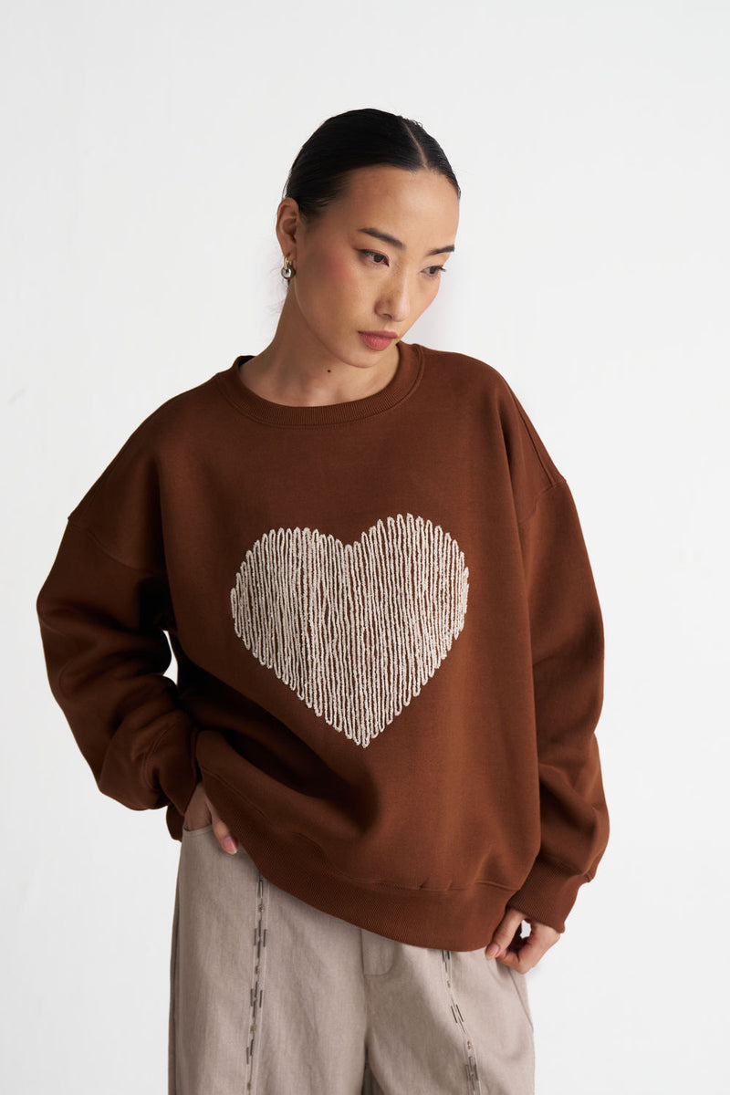 Heart Emb. Jumper-Chocolate Brown cotton fleece top/shirt by THREE in brown for women Worldwide