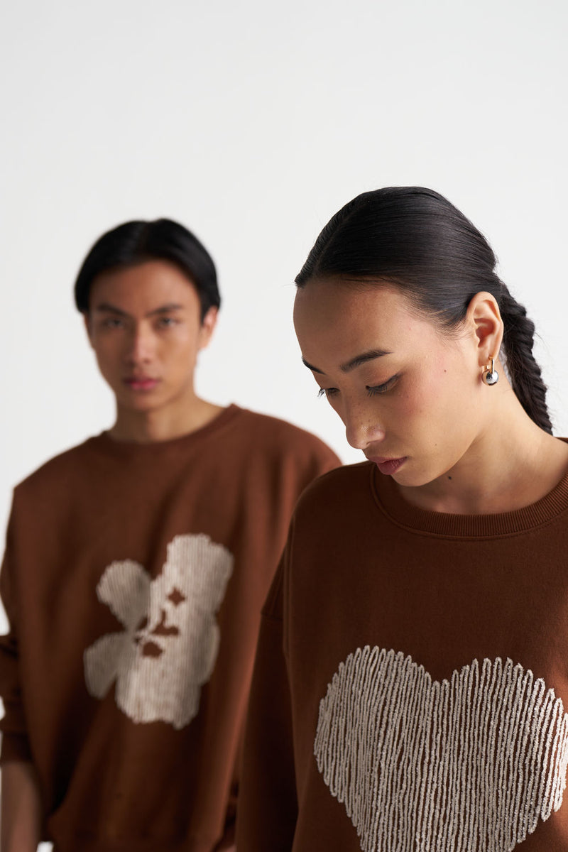 Heart Emb. Jumper Co-Ord (Set Of 2)-Chocolate Brown cotton fleece co-ord set by THREE in brown, grey for women Worldwide