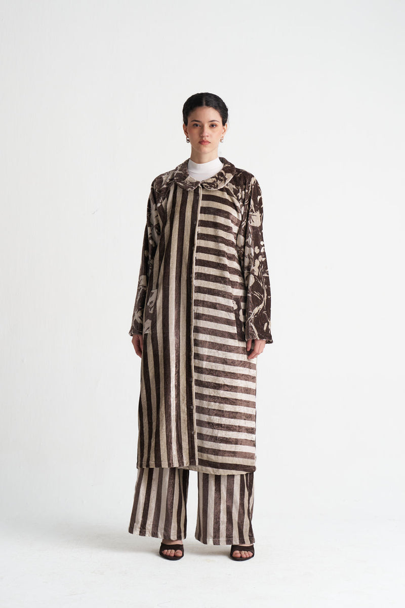Contrast Stripe Tunic-Umber Floral + Umber Stripe velvet tunics and kaftans by THREE in brown for women Worldwide