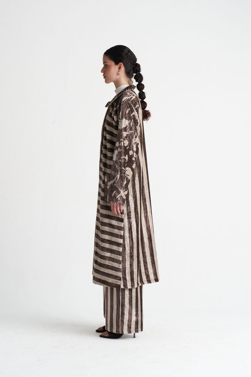 Contrast Stripe Tunic Co-Ord (Set Of 2)-Umber Floral + Umber Stripe velvet co-ord set by THREE in brown for women Worldwide