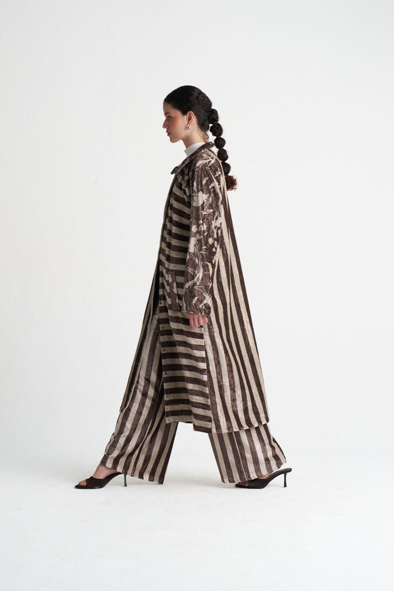 Contrast Stripe Tunic Co-Ord (Set Of 2)-Umber Floral + Umber Stripe velvet co-ord set by THREE in brown for women Worldwide