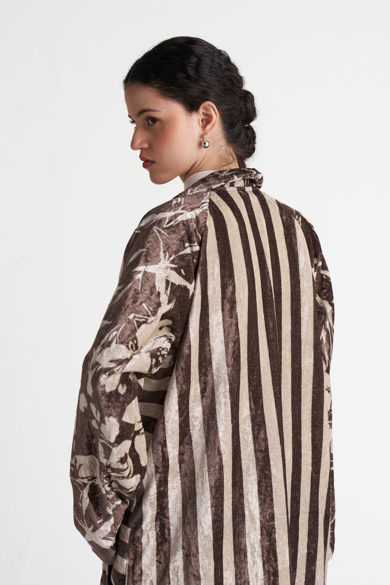 Contrast Stripe Tunic Co-Ord (Set Of 2)-Umber Floral + Umber Stripe velvet co-ord set by THREE in brown for women Worldwide