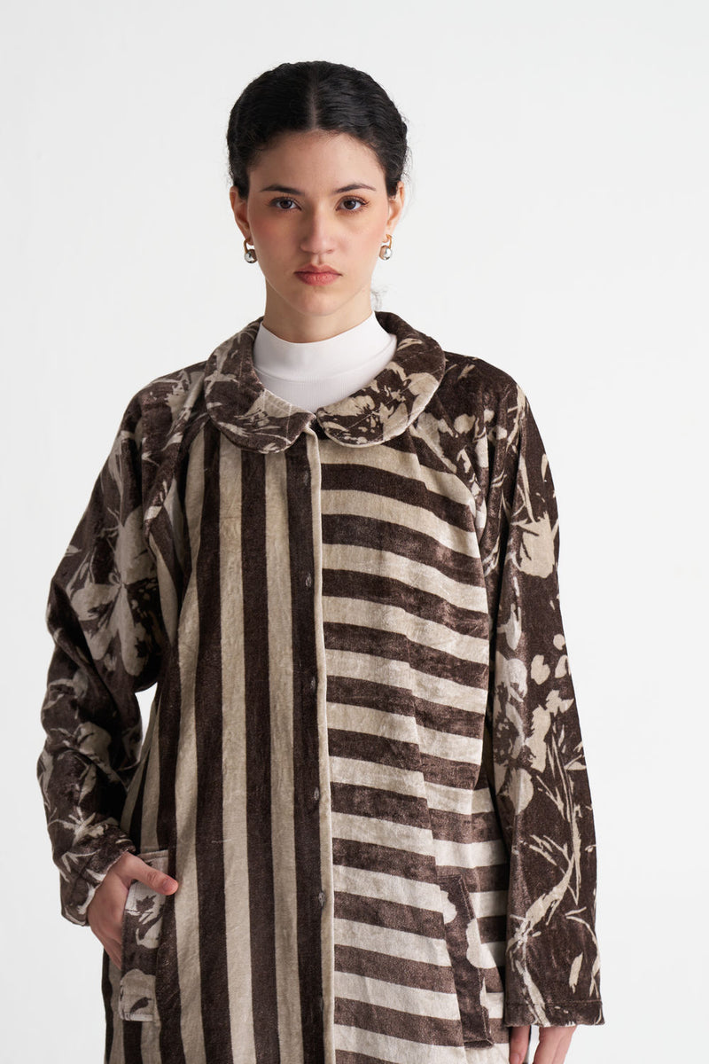 Contrast Stripe Tunic Co-Ord (Set Of 2)-Umber Floral + Umber Stripe velvet co-ord set by THREE in brown for women Worldwide