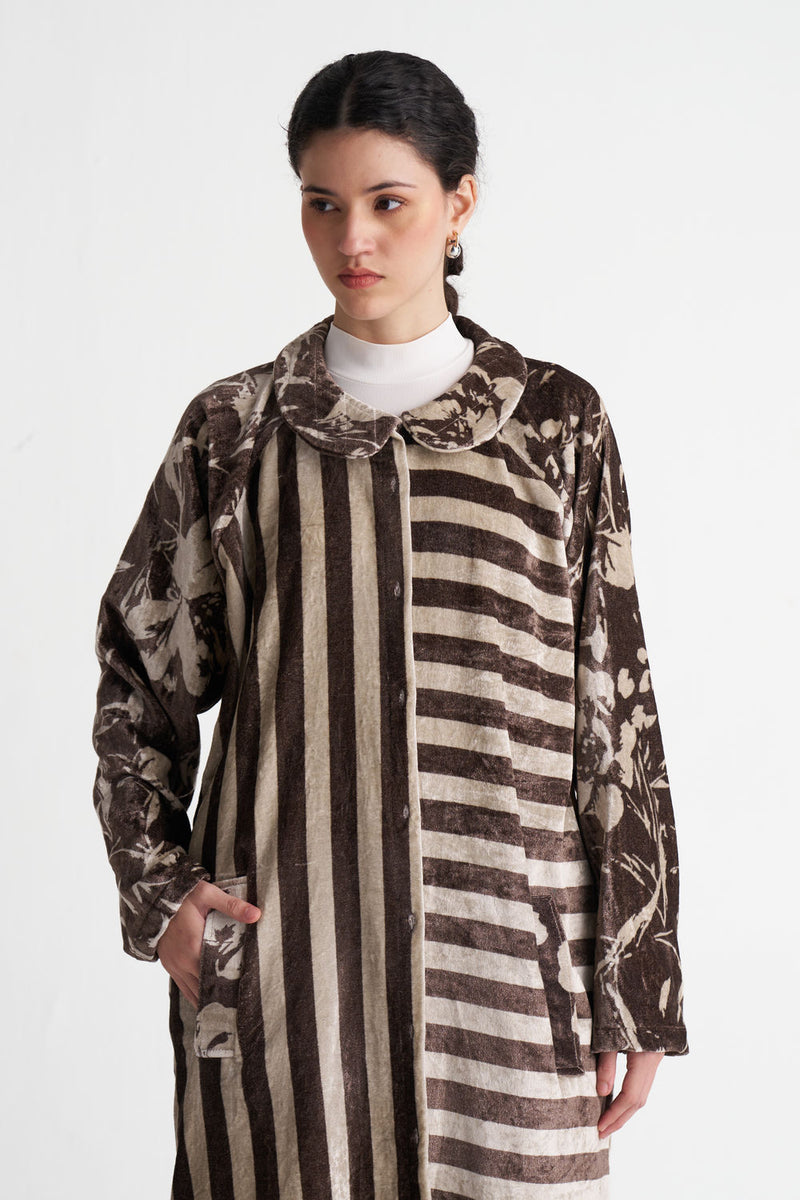 Contrast Stripe Tunic-Umber Floral + Umber Stripe velvet tunics and kaftans by THREE in brown for women Worldwide