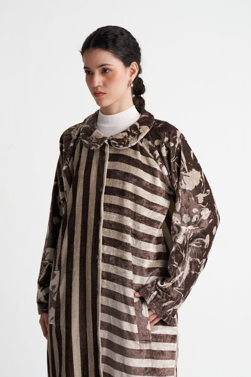 Contrast Stripe Tunic-Umber Floral + Umber Stripe velvet tunics and kaftans by THREE in brown for women Worldwide