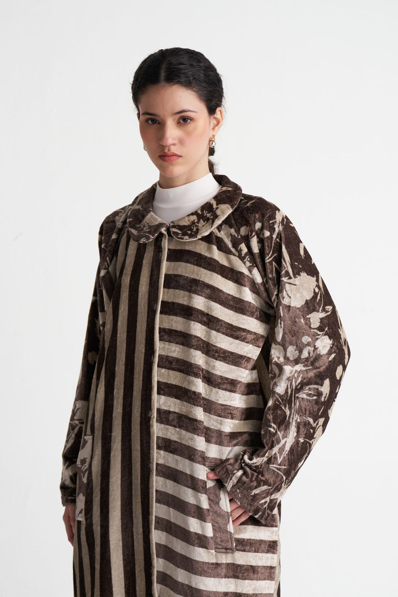 Contrast Stripe Tunic-Umber Floral + Umber Stripe velvet tunics and kaftans by THREE in brown for women Worldwide