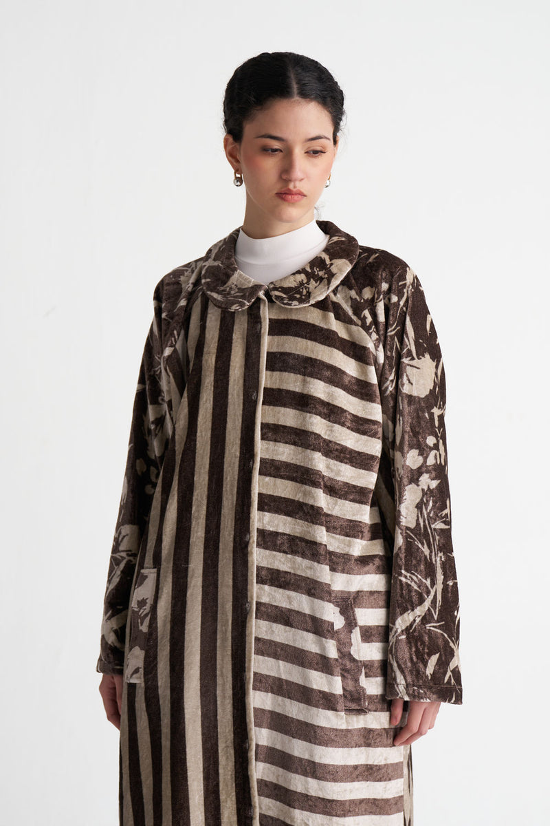 Contrast Stripe Tunic-Umber Floral + Umber Stripe velvet tunics and kaftans by THREE in brown for women Worldwide