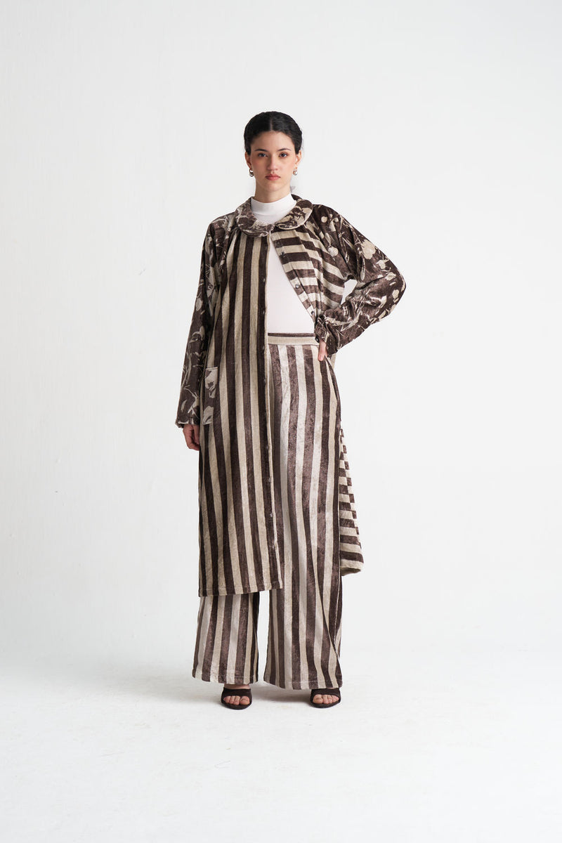 Contrast Stripe Tunic Co-Ord (Set Of 2)-Umber Floral + Umber Stripe velvet co-ord set by THREE in brown for women Worldwide
