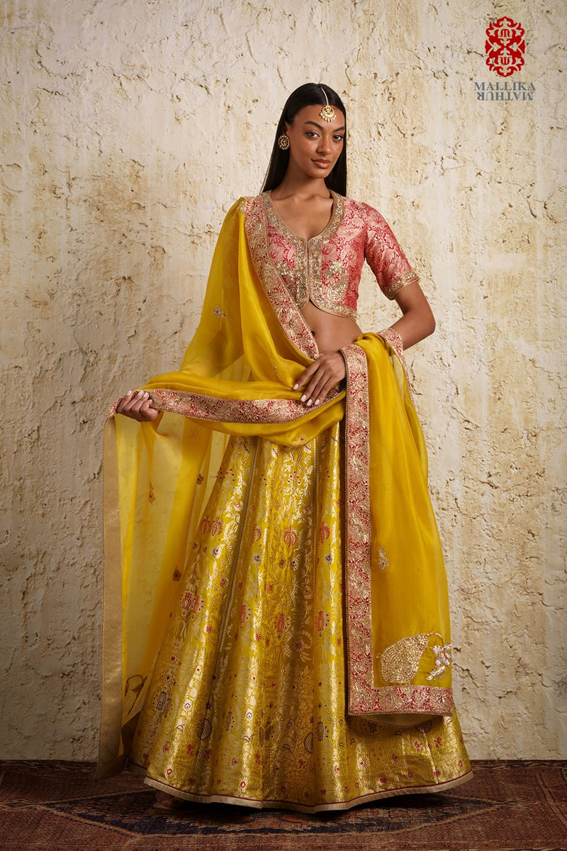 Shaheen Basanti yellow silk brocade lehenga silk by Mallika Mathur in yellow color for women Worldwide