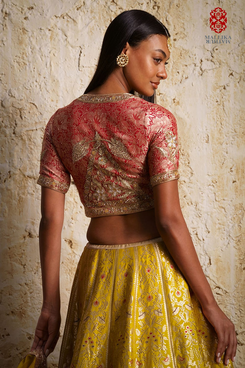 Shaheen Basanti yellow silk brocade lehenga silk by Mallika Mathur in yellow color for women Worldwide