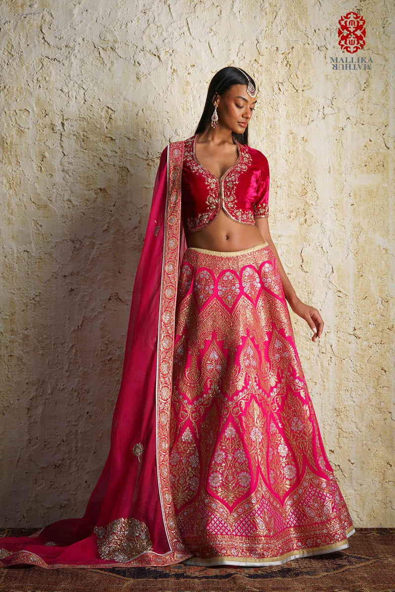 Varya Rani pink silk georgette Kalidar lehenga silk by Mallika Mathur in pink color for women Worldwide