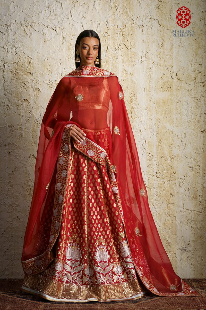Kamala cherry lacquer red silk silk by Mallika Mathur in red color for women Worldwide