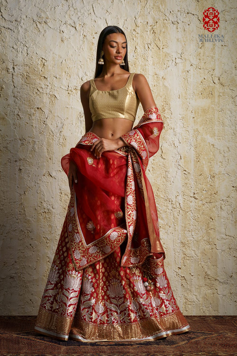 Kamala cherry lacquer red silk silk by Mallika Mathur in red color for women Worldwide