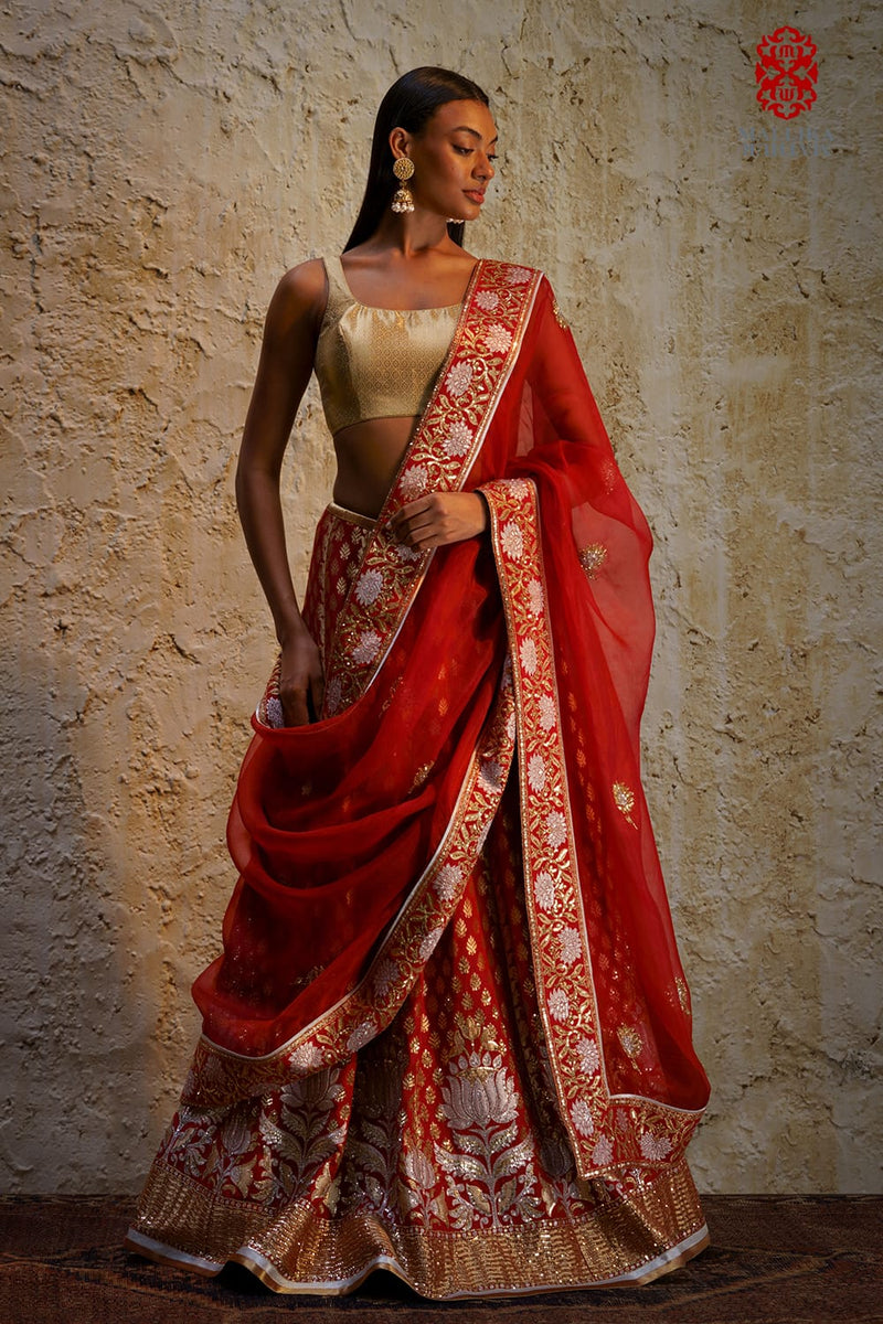 Kamala cherry lacquer red silk silk by Mallika Mathur in red color for women Worldwide