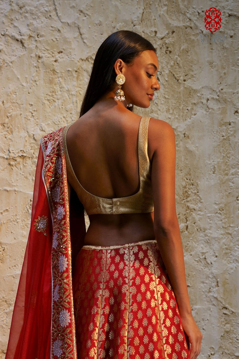 Sitara blouse sleeveless gold zari by Mallika Mathur in gold color for women Worldwide