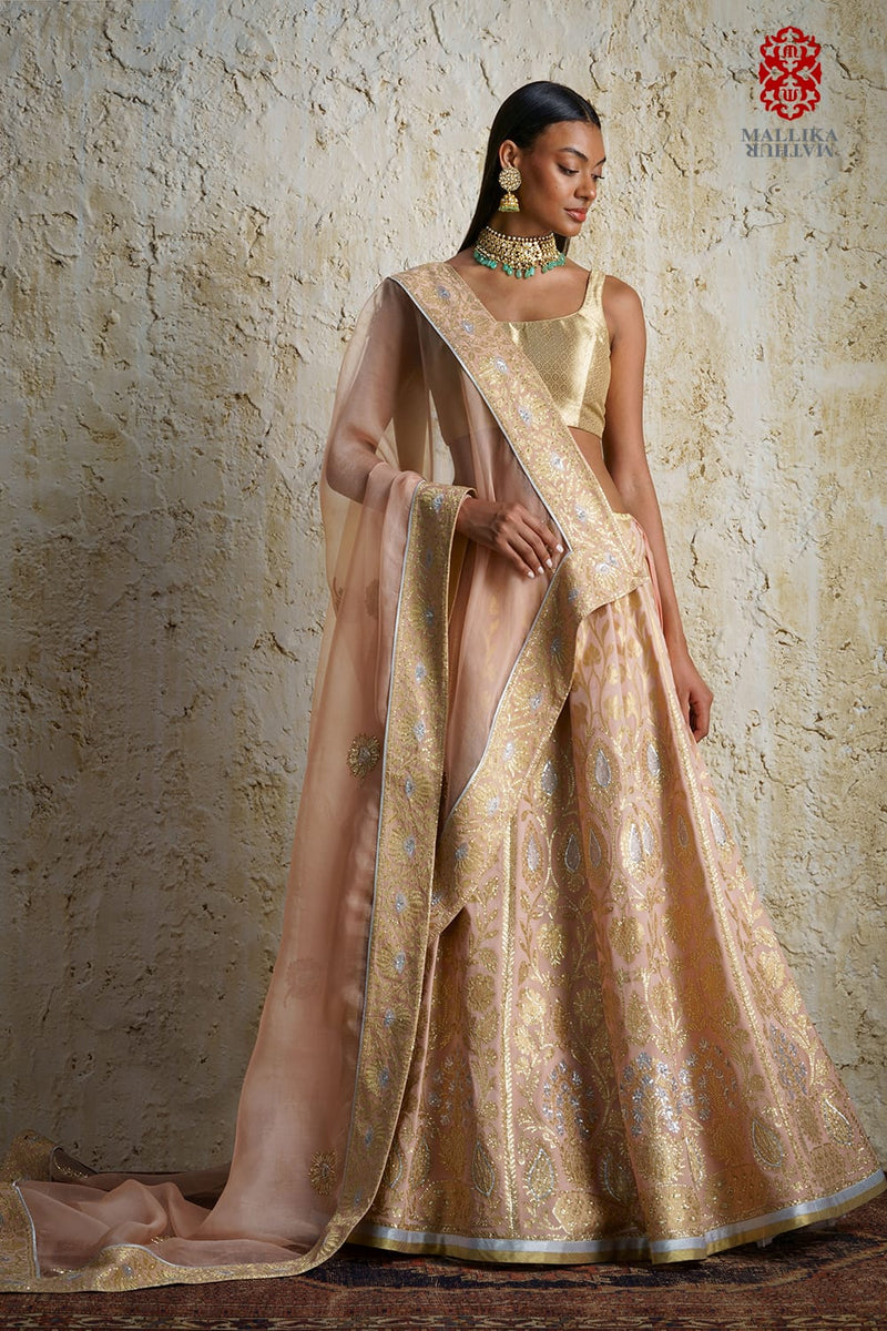 Mehak silk georgette lehenga-tea rose silk by Mallika Mathur for women Worldwide