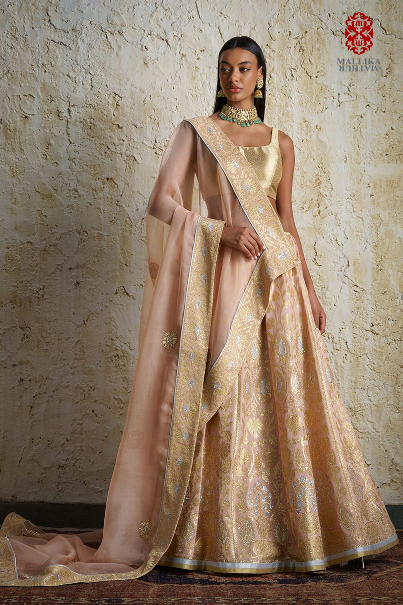 Mehak silk georgette lehenga-tea rose silk by Mallika Mathur for women Worldwide