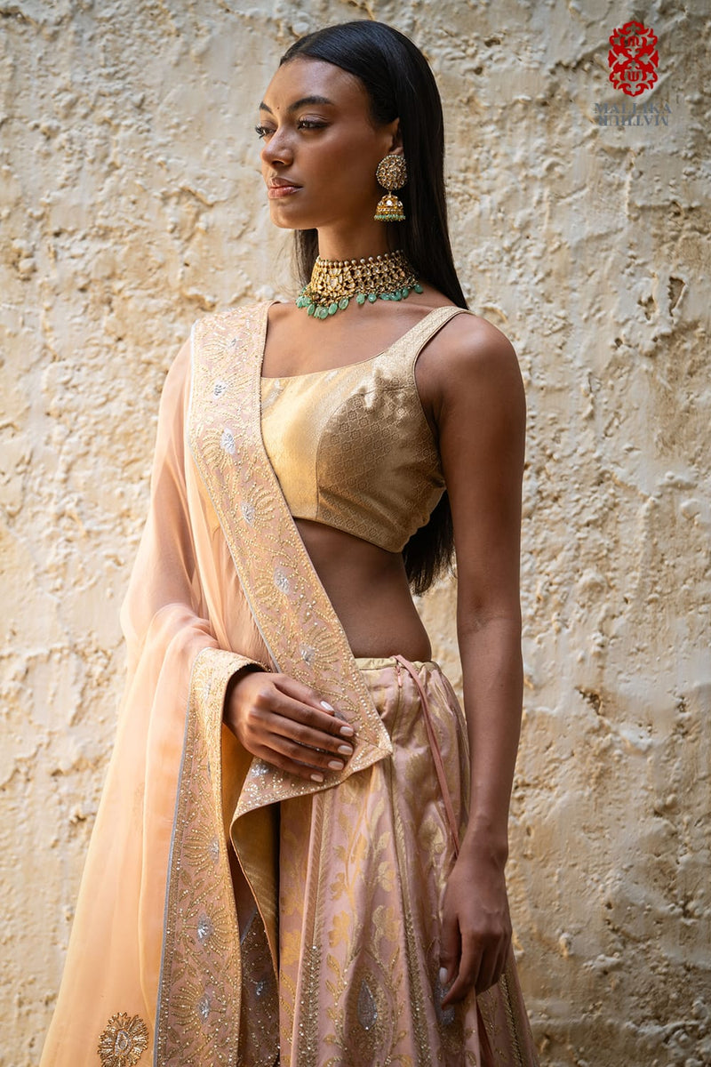 Mehak silk georgette lehenga-tea rose silk by Mallika Mathur for women Worldwide