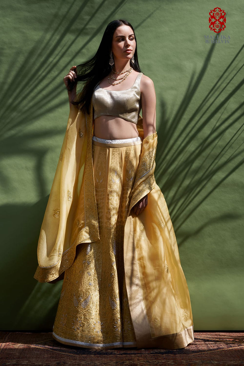 Mehak silk georgette lehenga-butter yellow silk by Mallika Mathur in yellow color for women Worldwide
