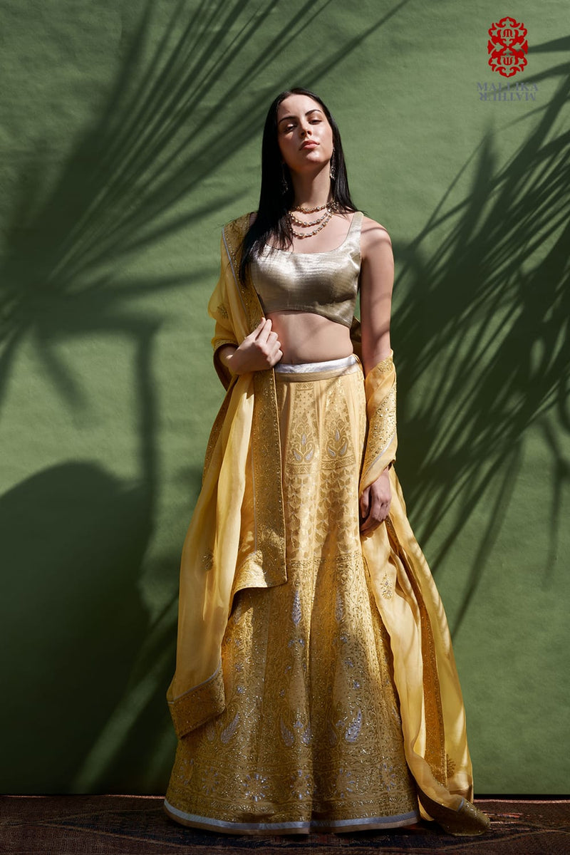 Mehak silk georgette lehenga-butter yellow silk by Mallika Mathur in yellow color for women Worldwide
