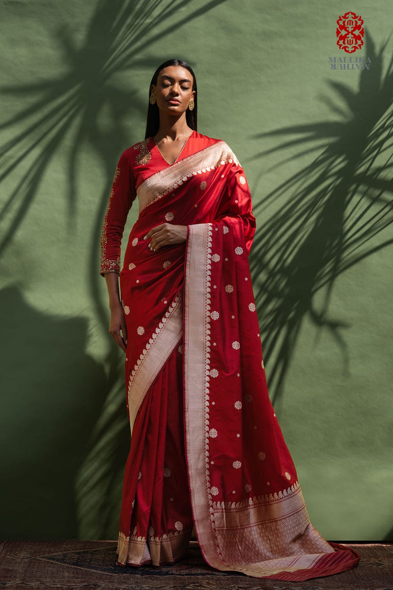 Chunari buti Katan silk Banarasi sari-red silk by Mallika Mathur in red color for women Worldwide