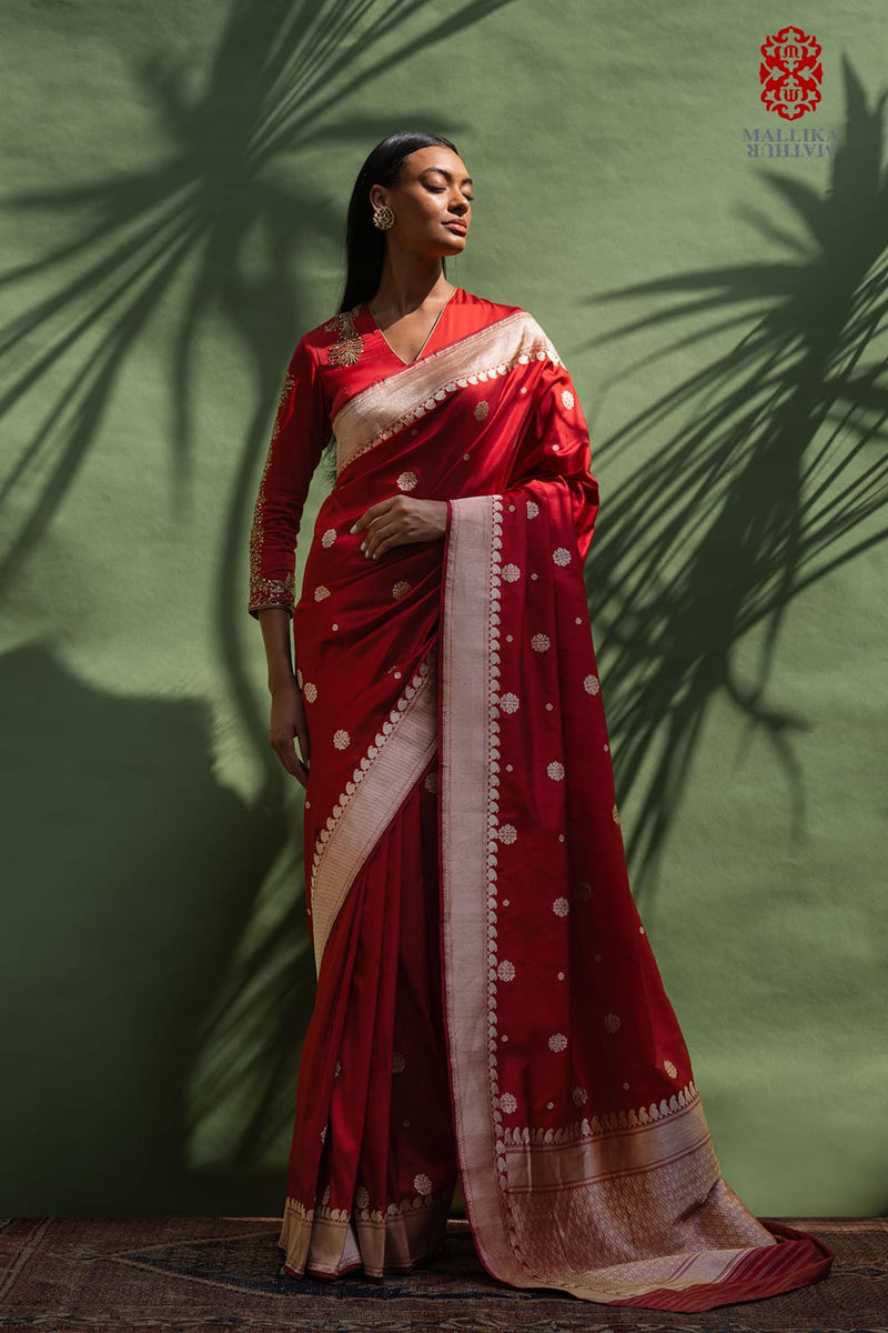 Chunari buti Katan silk Banarasi sari-red silk by Mallika Mathur in red color for women Worldwide