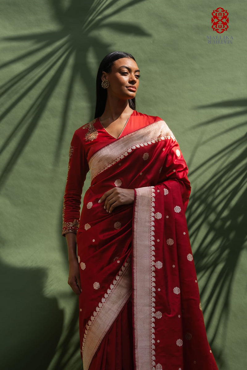 Chunari buti Katan silk Banarasi sari-red silk by Mallika Mathur in red color for women Worldwide