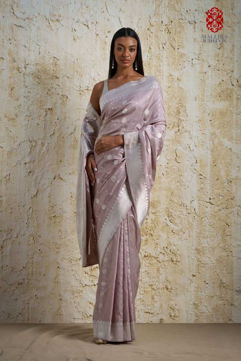 Chunari buti Katan silk Banarasi sari-tea rose silk by Mallika Mathur for women Worldwide