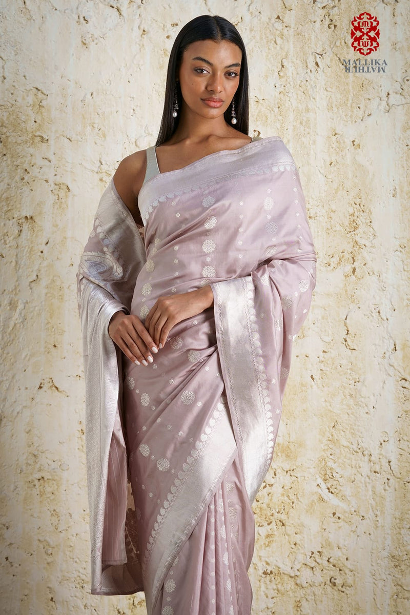 Chunari buti Katan silk Banarasi sari-tea rose silk by Mallika Mathur for women Worldwide