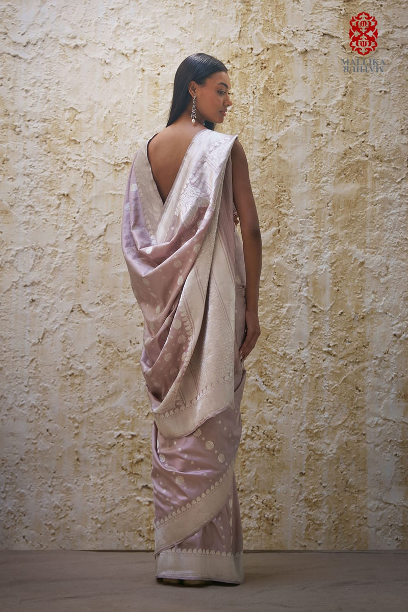Chunari buti Katan silk Banarasi sari-tea rose silk by Mallika Mathur for women Worldwide