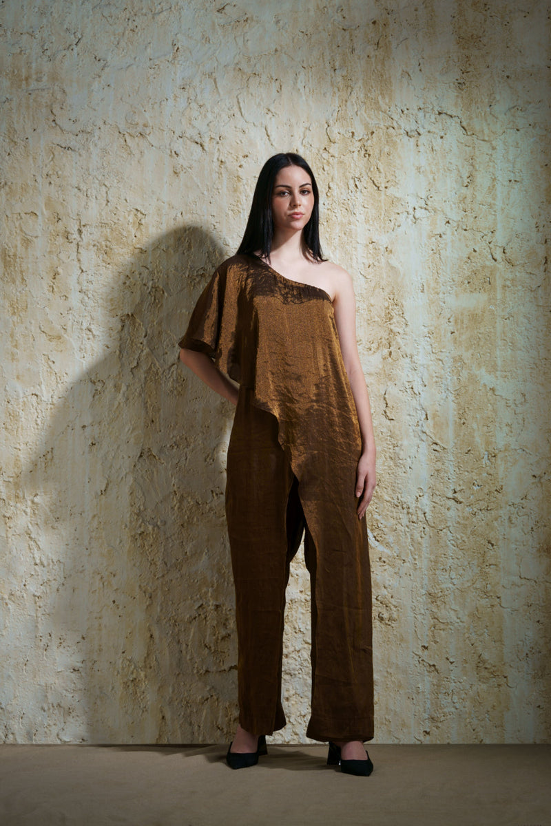 Zora burnt gold silk tissue jumpsuit silk by Mallika Mathur in gold color for women Worldwide