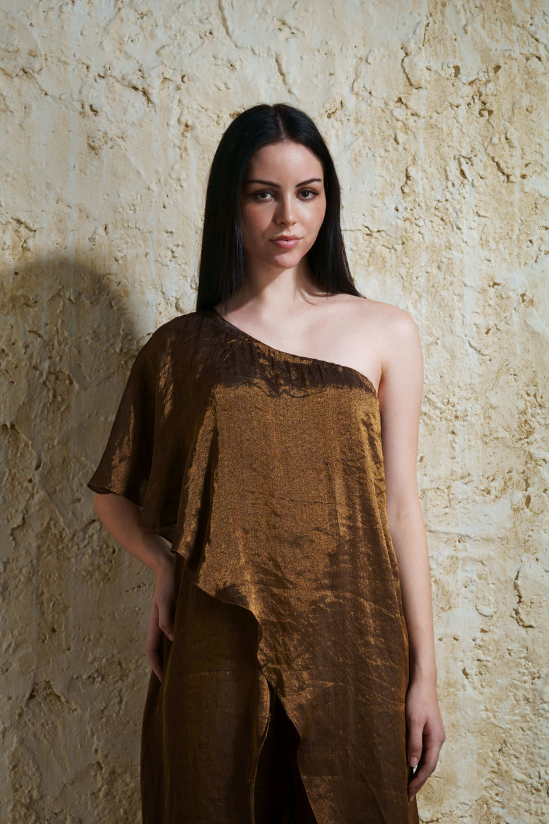 Zora burnt gold silk tissue jumpsuit silk by Mallika Mathur in gold color for women Worldwide