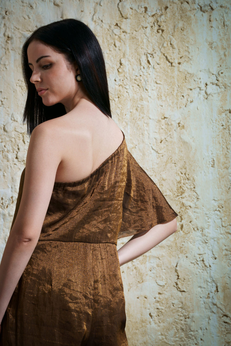 Zora burnt gold silk tissue jumpsuit silk by Mallika Mathur in gold color for women Worldwide