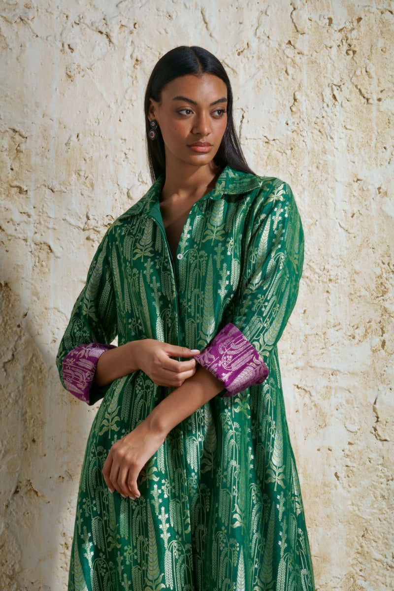 Vriksha collared tunic and slim pants in munga silk-emerald green silk by Mallika Mathur in green color for women Worldwide