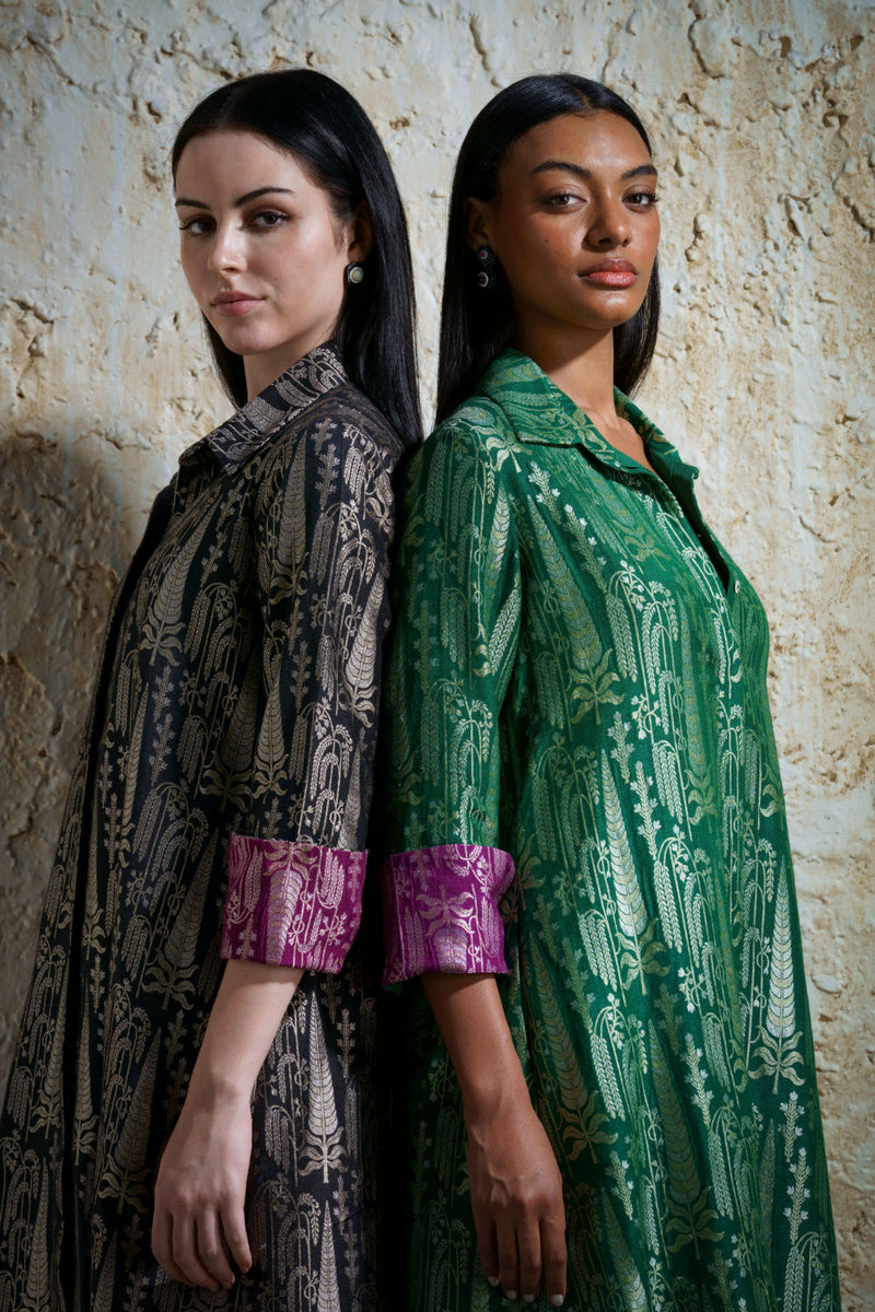 Vriksha collared tunic and slim pants in munga silk-emerald green silk by Mallika Mathur in green color for women Worldwide