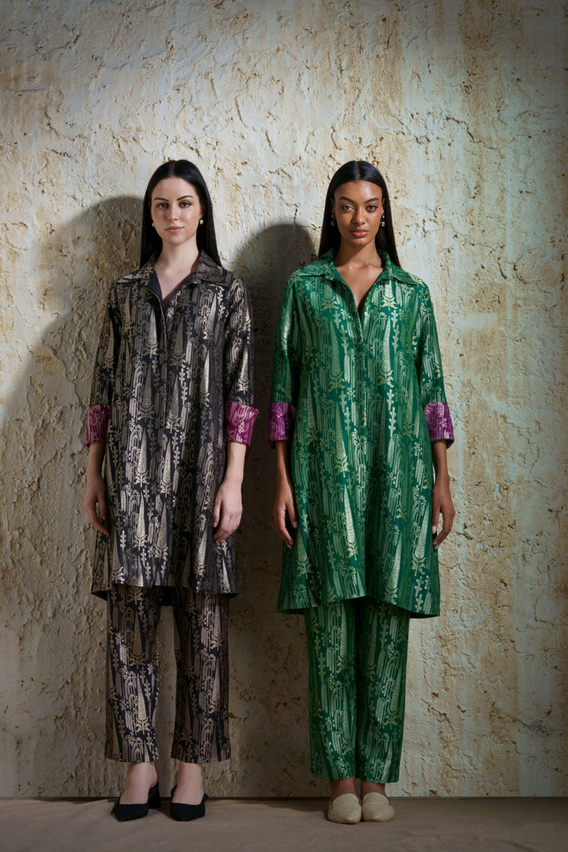 Vriksha collared tunic and slim pants in munga silk-emerald green silk by Mallika Mathur in green color for women Worldwide