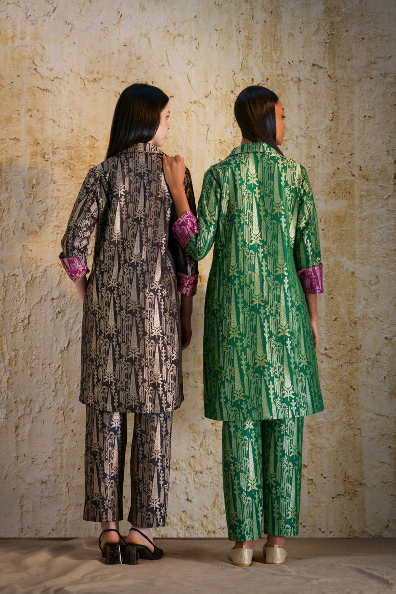 Vriksha collared tunic and slim pants in munga silk-black silk by Mallika Mathur in black color for women Worldwide